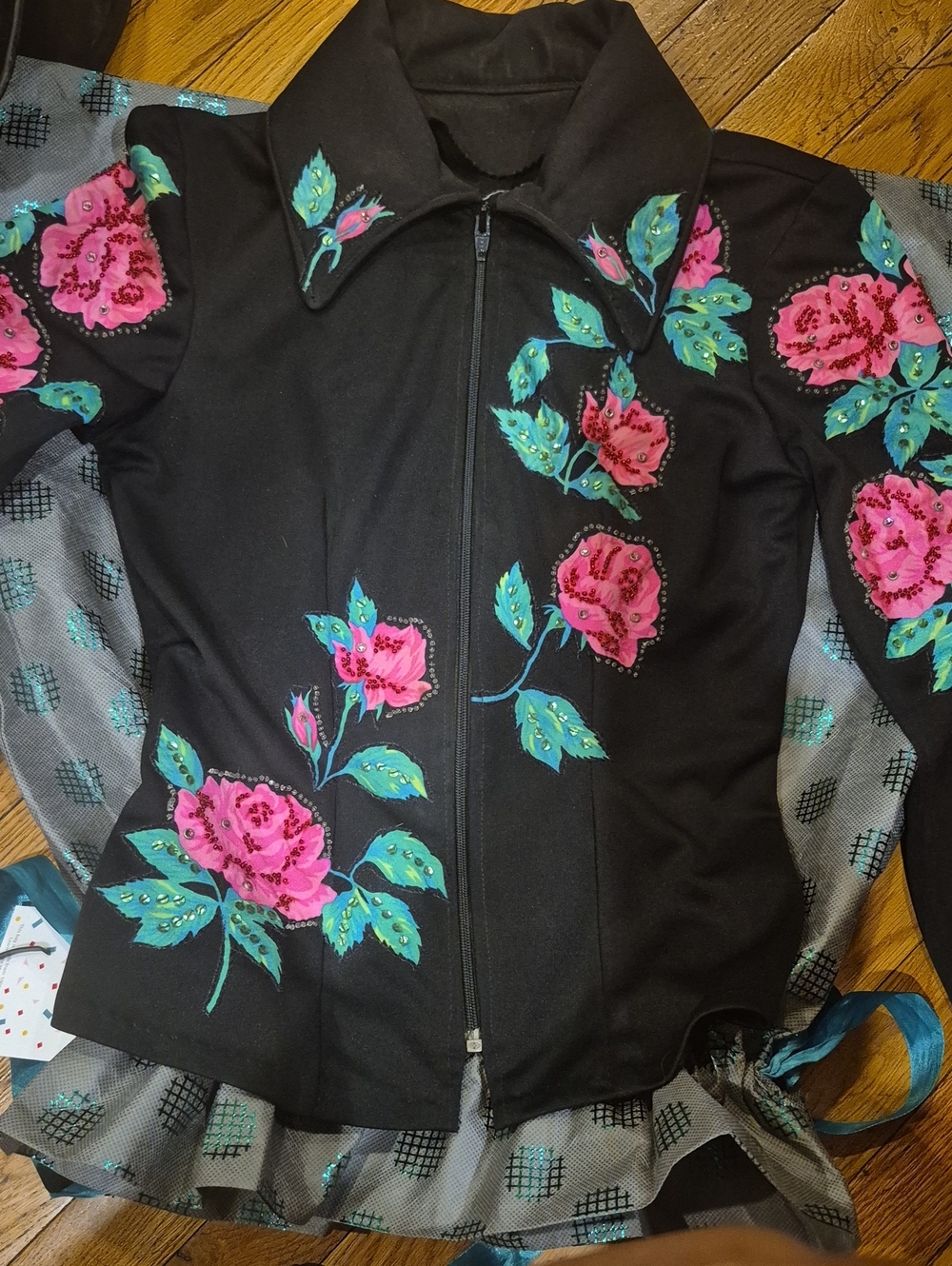 Black Jacket with Hot Pink Floral Embroidery by